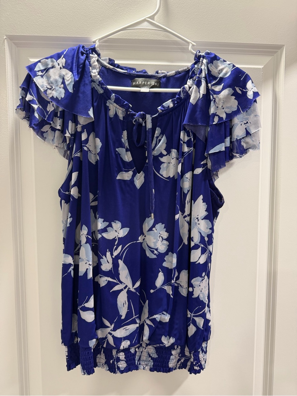 Harper Royal Blue & White Floral Flutter-Sleeve Blouse